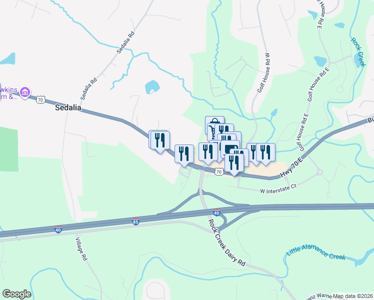 map of restaurants, bars, coffee shops, grocery stores, and more near 6267 Burlington Road in Gibsonville