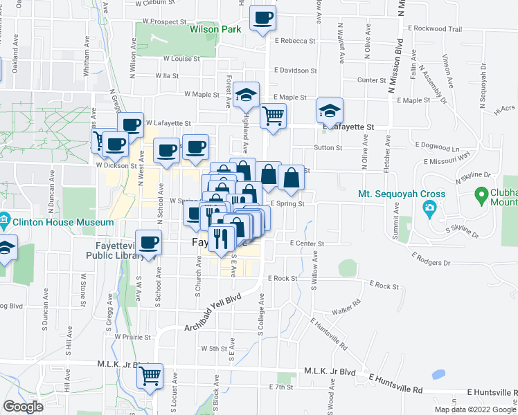 map of restaurants, bars, coffee shops, grocery stores, and more near 123 North College Avenue in Fayetteville