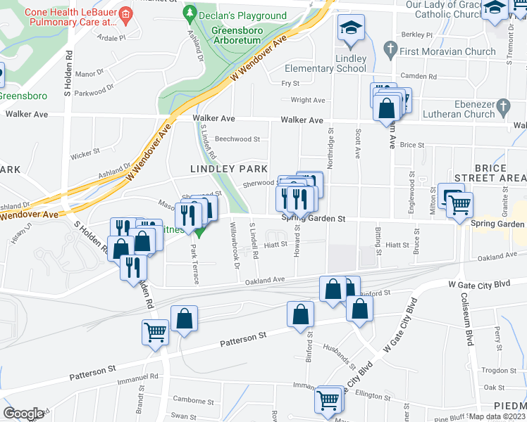 map of restaurants, bars, coffee shops, grocery stores, and more near 2600 Spring Garden Street in Greensboro