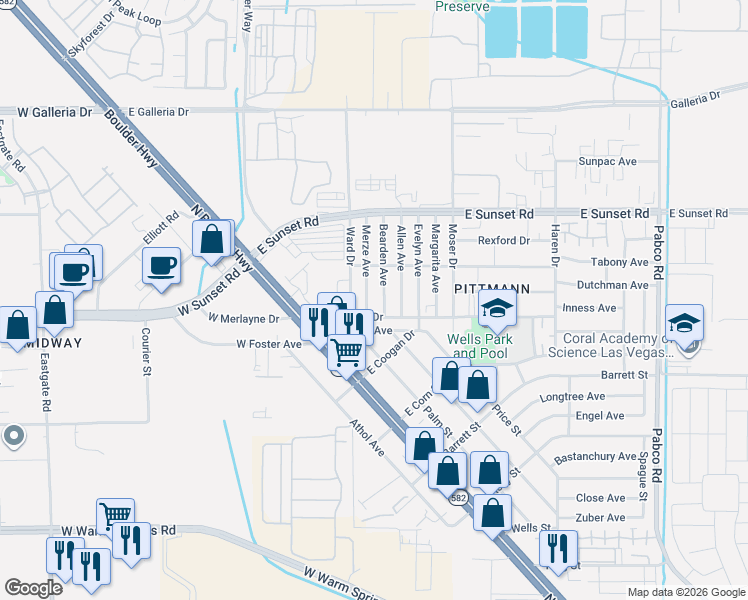 map of restaurants, bars, coffee shops, grocery stores, and more near 1821 Merze Avenue in Henderson