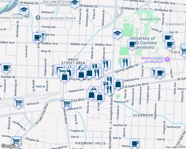 map of restaurants, bars, coffee shops, grocery stores, and more near in Greensboro