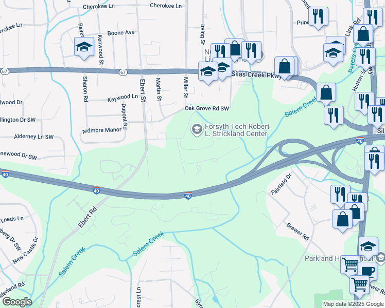 map of restaurants, bars, coffee shops, grocery stores, and more near 155 Weatherwood Court in Winston-Salem