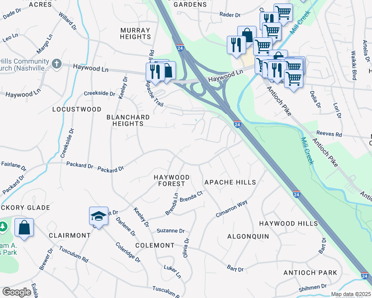 map of restaurants, bars, coffee shops, grocery stores, and more near 4601 Packard Drive in Nashville