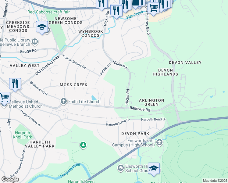 map of restaurants, bars, coffee shops, grocery stores, and more near 157 Hicks Road in Nashville