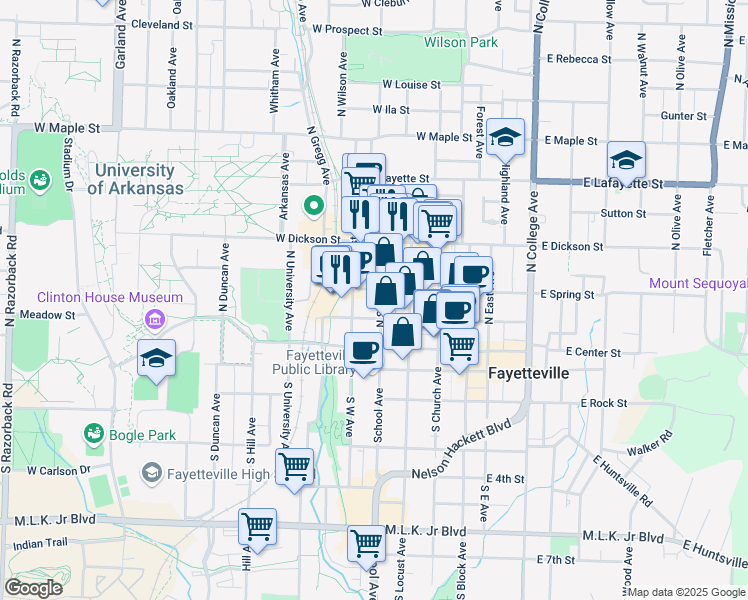 map of restaurants, bars, coffee shops, grocery stores, and more near 313 West Spring Street in Fayetteville