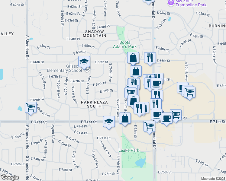 map of restaurants, bars, coffee shops, grocery stores, and more near 7457 East 68th Street in Tulsa