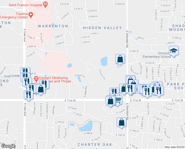 map of restaurants, bars, coffee shops, grocery stores, and more near 6800 South Granite Avenue in Tulsa