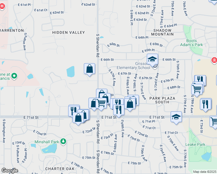 map of restaurants, bars, coffee shops, grocery stores, and more near 6760 South 66th East Avenue in Tulsa