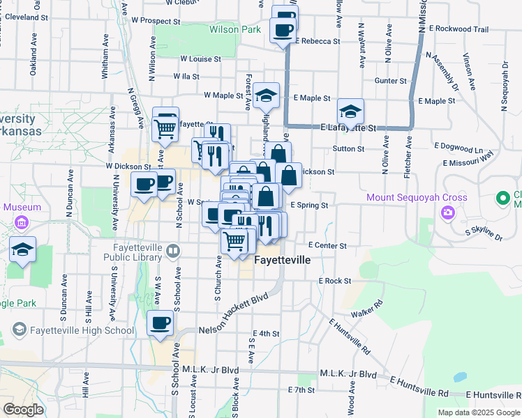 map of restaurants, bars, coffee shops, grocery stores, and more near 138 North East Avenue in Fayetteville