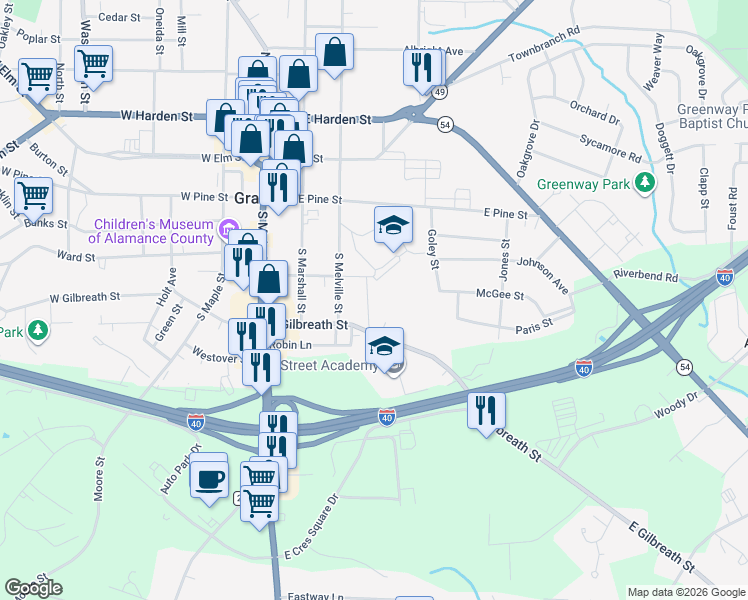 map of restaurants, bars, coffee shops, grocery stores, and more near 312 Field Street in Graham