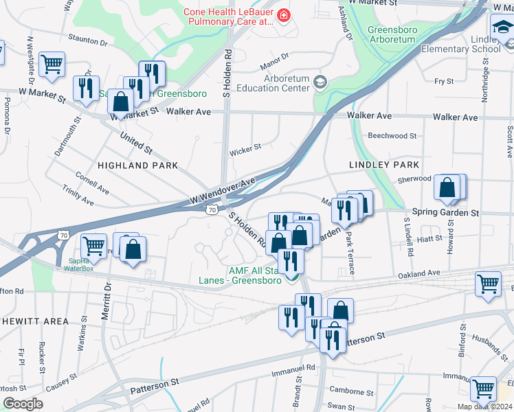 map of restaurants, bars, coffee shops, grocery stores, and more near 703 Cliffside Terrace in Greensboro