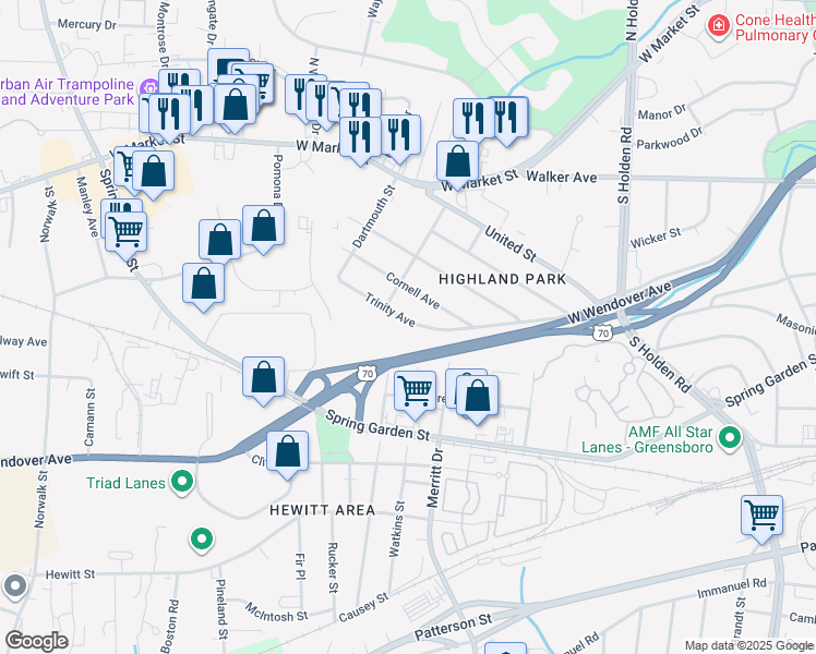 map of restaurants, bars, coffee shops, grocery stores, and more near 4309 Trinity Avenue in Greensboro