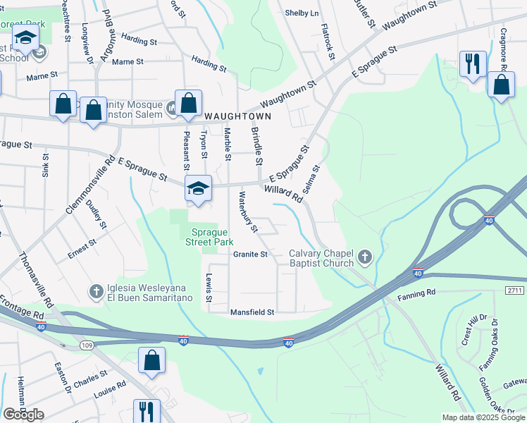 map of restaurants, bars, coffee shops, grocery stores, and more near 1915 Glascoe Street in Winston-Salem