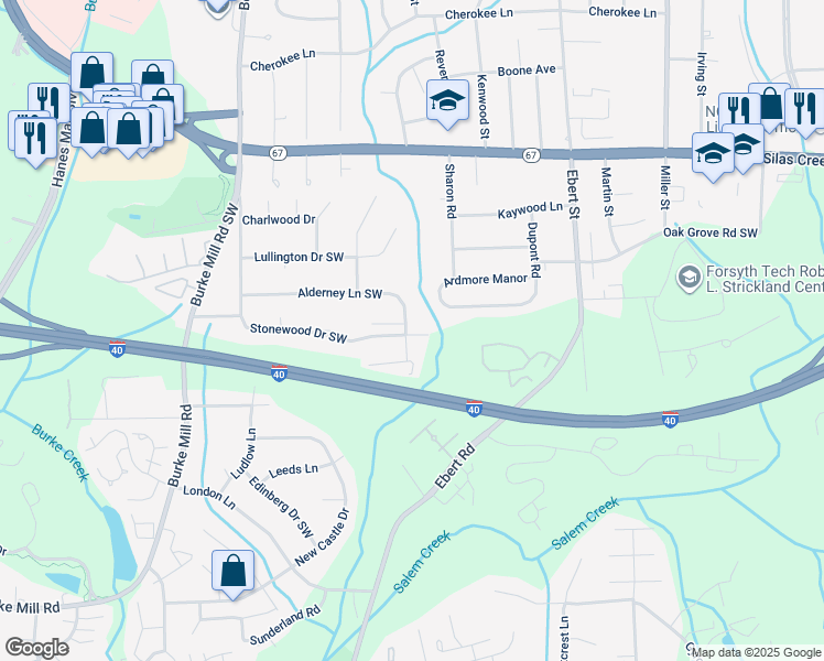 map of restaurants, bars, coffee shops, grocery stores, and more near 1690 Stonewood Drive Southwest in Winston-Salem