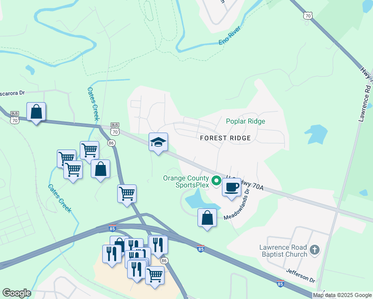 map of restaurants, bars, coffee shops, grocery stores, and more near 910 U.S. Highway 70A in Hillsborough