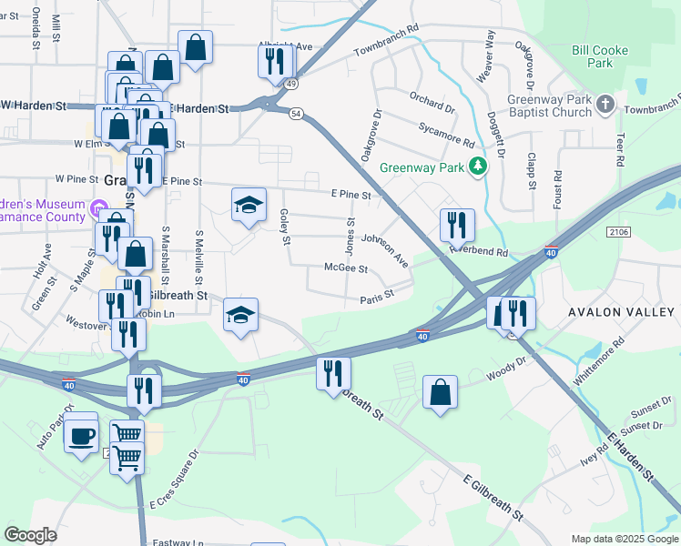 map of restaurants, bars, coffee shops, grocery stores, and more near 501 Jones Street in Graham