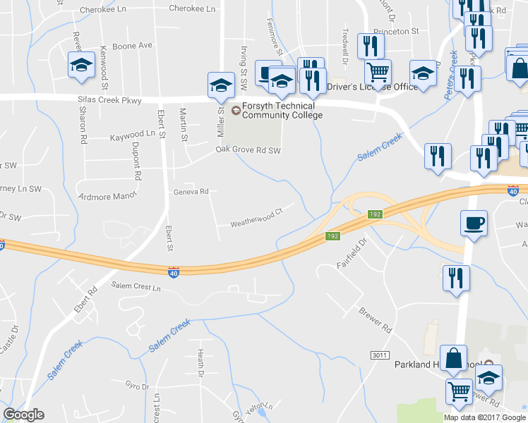 map of restaurants, bars, coffee shops, grocery stores, and more near 135 Weatherwood Court in Winston-Salem