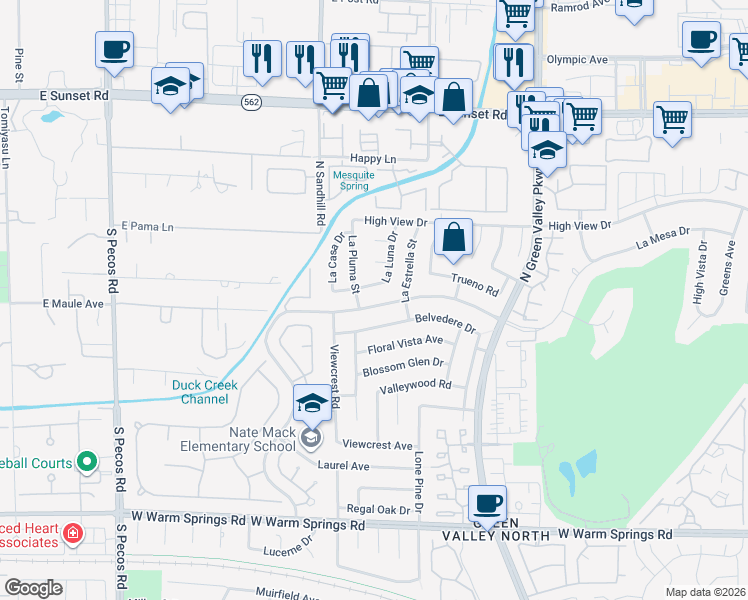 map of restaurants, bars, coffee shops, grocery stores, and more near 3143 La Mesa Drive in Henderson