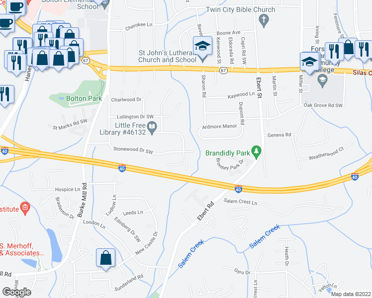 map of restaurants, bars, coffee shops, grocery stores, and more near 1690 Stonewood Drive Southwest in Winston-Salem