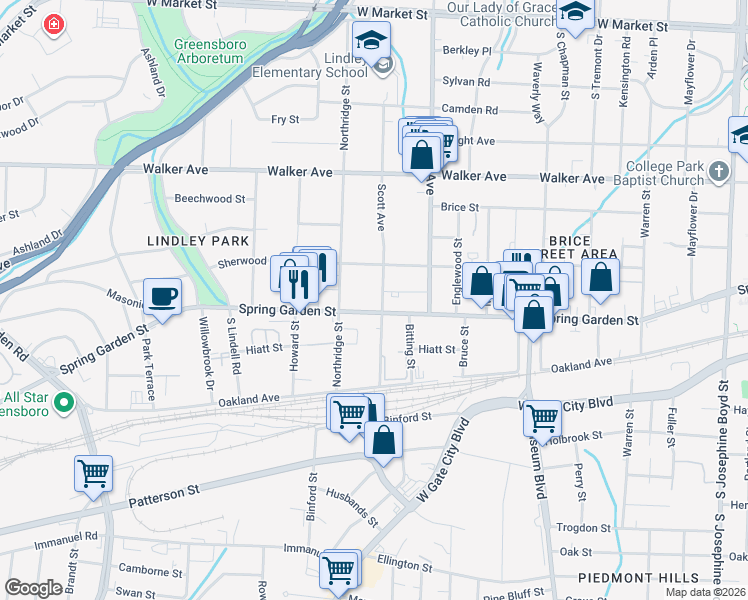map of restaurants, bars, coffee shops, grocery stores, and more near in Greensboro