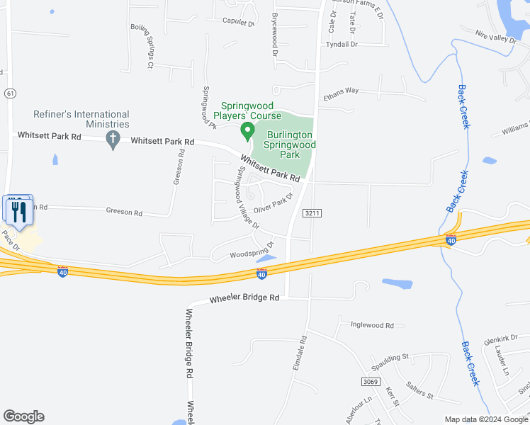 map of restaurants, bars, coffee shops, grocery stores, and more near 7646 Oliver Park Drive in Whitsett