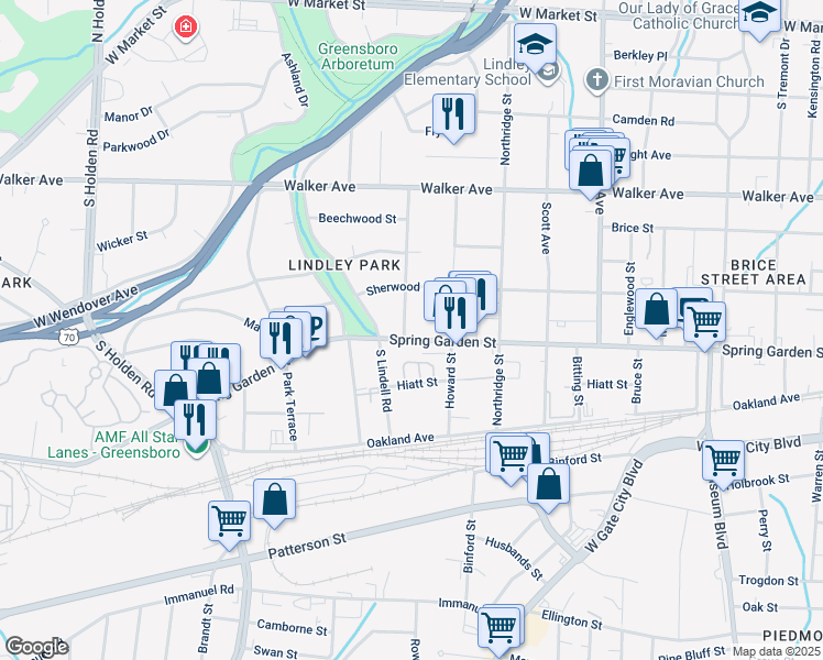map of restaurants, bars, coffee shops, grocery stores, and more near 2516 Spring Garden Street in Greensboro