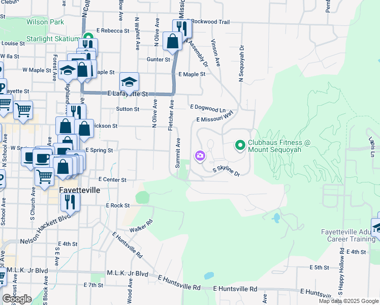 map of restaurants, bars, coffee shops, grocery stores, and more near 164 North Oklahoma Way in Fayetteville