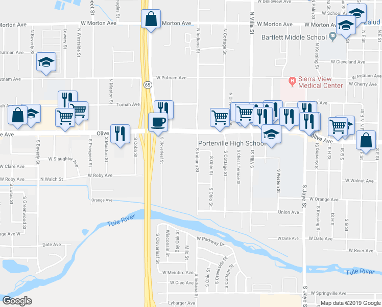 map of restaurants, bars, coffee shops, grocery stores, and more near 85 South Indiana Street in Porterville