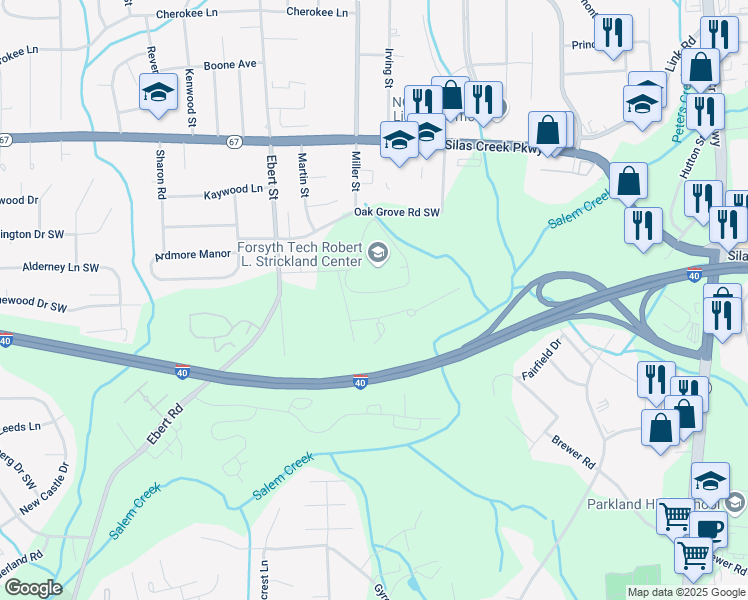 map of restaurants, bars, coffee shops, grocery stores, and more near 155 Weatherwood Court in Winston-Salem
