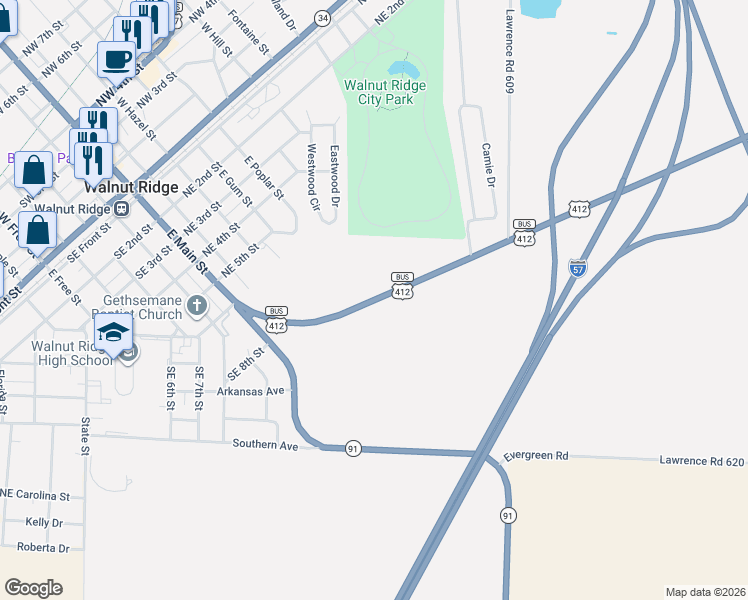 map of restaurants, bars, coffee shops, grocery stores, and more near in Walnut Ridge