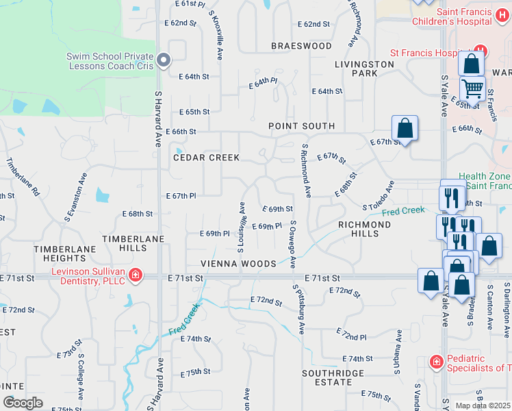 map of restaurants, bars, coffee shops, grocery stores, and more near 6730 South Marion Avenue in Tulsa
