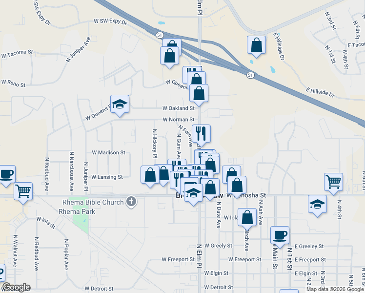 map of restaurants, bars, coffee shops, grocery stores, and more near 1125 North Gum Avenue in Broken Arrow