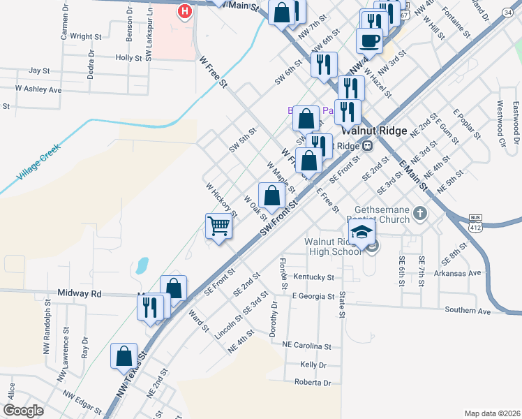 map of restaurants, bars, coffee shops, grocery stores, and more near 719 Southwest 2nd Street in Walnut Ridge