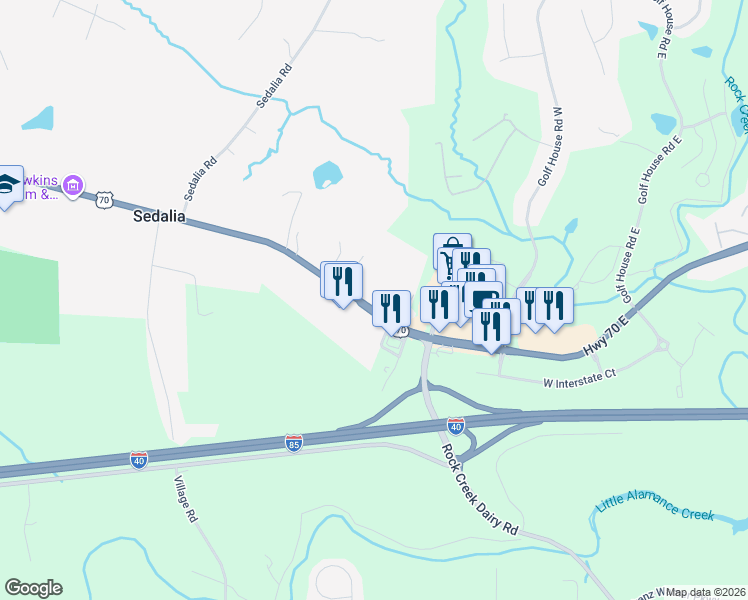 map of restaurants, bars, coffee shops, grocery stores, and more near 6267 Burlington Road in Gibsonville