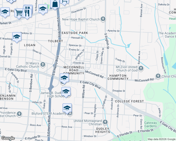 map of restaurants, bars, coffee shops, grocery stores, and more near in Greensboro
