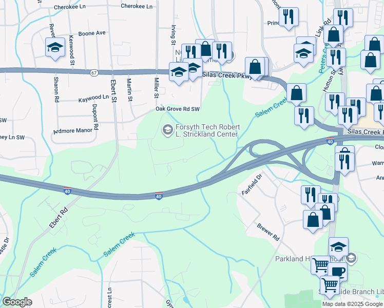 map of restaurants, bars, coffee shops, grocery stores, and more near 135 Weatherwood Court in Winston-Salem