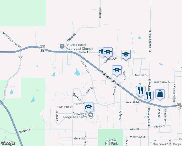 map of restaurants, bars, coffee shops, grocery stores, and more near 309 Academy Drive in Paragould