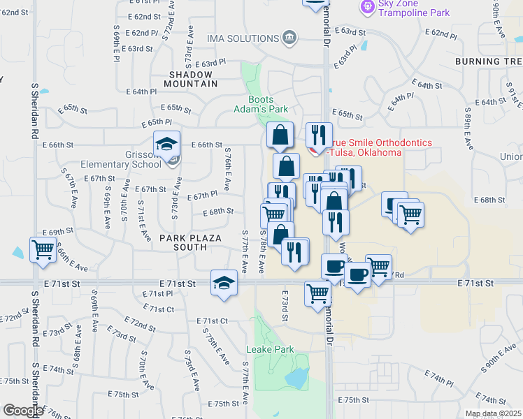 map of restaurants, bars, coffee shops, grocery stores, and more near 6762 South 78th East Avenue in Tulsa