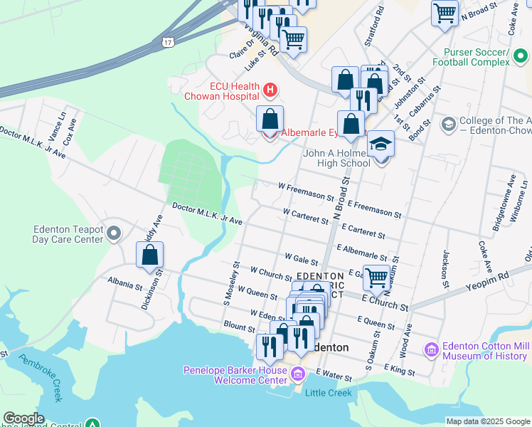 map of restaurants, bars, coffee shops, grocery stores, and more near 211 West Carteret Street in Edenton