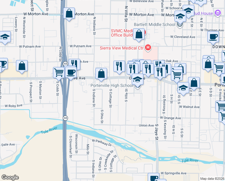 map of restaurants, bars, coffee shops, grocery stores, and more near 84 South Cottage Street in Porterville