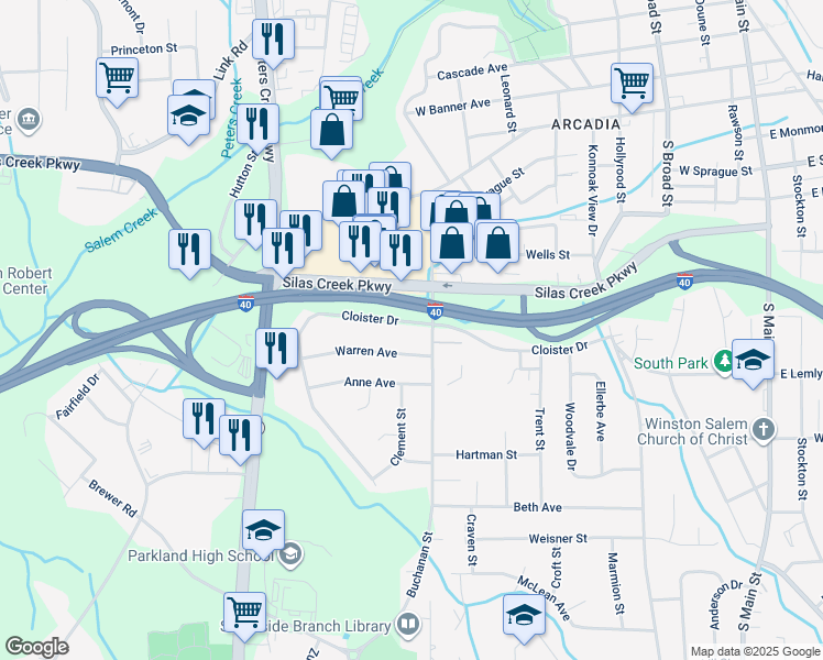 map of restaurants, bars, coffee shops, grocery stores, and more near 908 Cloister Drive in Winston-Salem