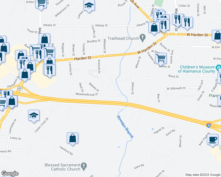 map of restaurants, bars, coffee shops, grocery stores, and more near 209 Meadowbrook Drive in Burlington