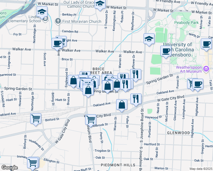 map of restaurants, bars, coffee shops, grocery stores, and more near 817 Granite Street in Greensboro