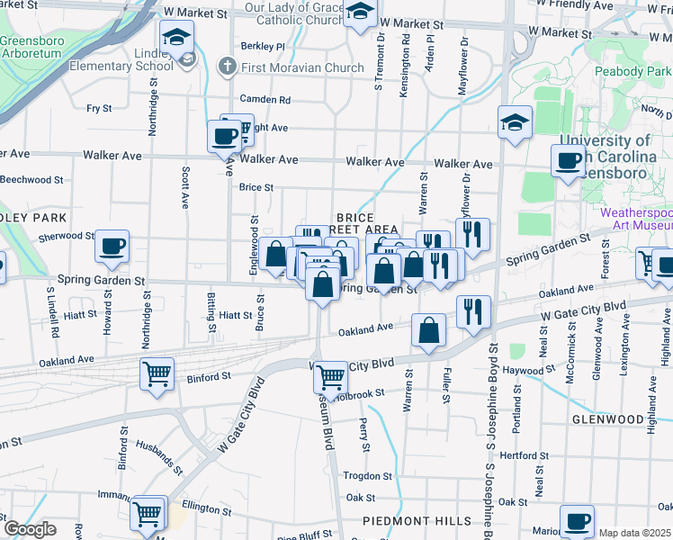 map of restaurants, bars, coffee shops, grocery stores, and more near 815 South Chapman Street in Greensboro
