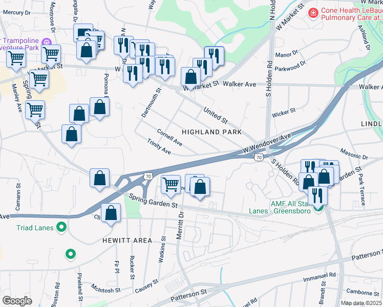 map of restaurants, bars, coffee shops, grocery stores, and more near 4244 Ashland Drive in Greensboro