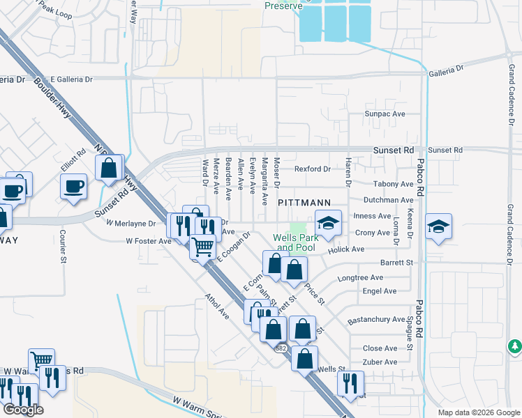 map of restaurants, bars, coffee shops, grocery stores, and more near 1817 Margarita Avenue in Henderson