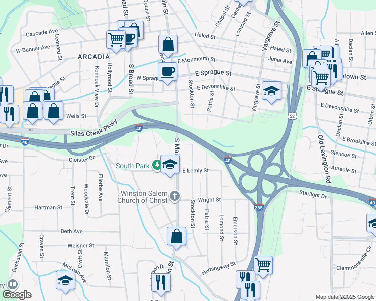 map of restaurants, bars, coffee shops, grocery stores, and more near 2608 Stockton St in Winston-Salem