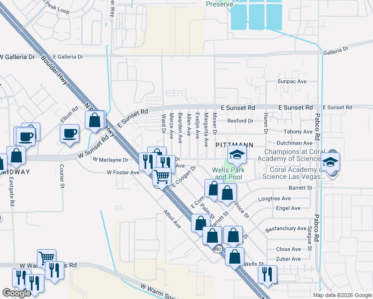 map of restaurants, bars, coffee shops, grocery stores, and more near 1817 Allen Avenue in Henderson