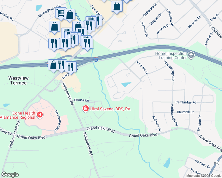 map of restaurants, bars, coffee shops, grocery stores, and more near 3085 Victoria Falls Drive in Burlington