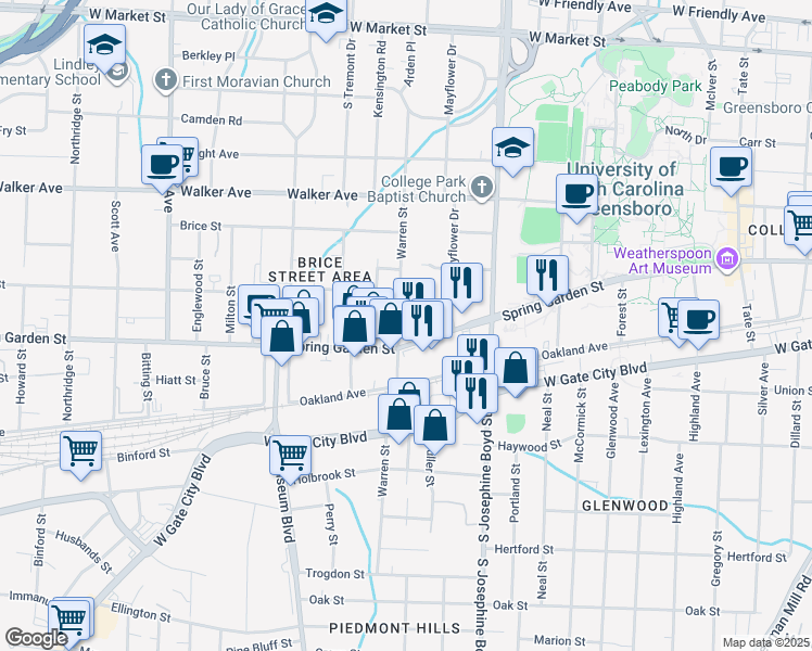 map of restaurants, bars, coffee shops, grocery stores, and more near in Greensboro